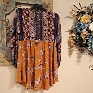 Umgee Long Sleeve Dress - Orange/ Blue Floral Dress.  NWOT Size Small